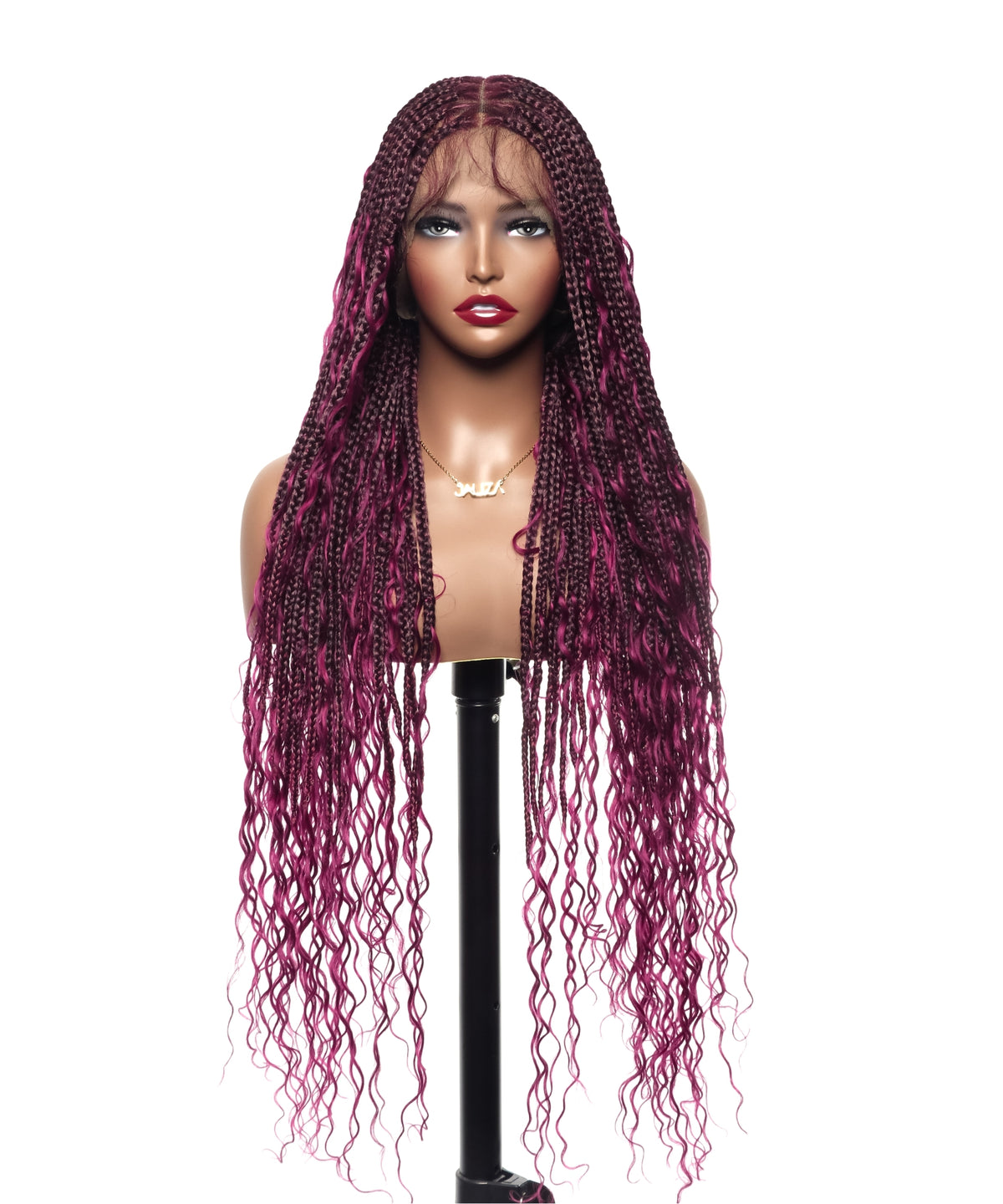 JALIZA 36 inch Burgundy Knotless Boho Box Braids Full Lace Braided Wig (Mannequin - Front View)