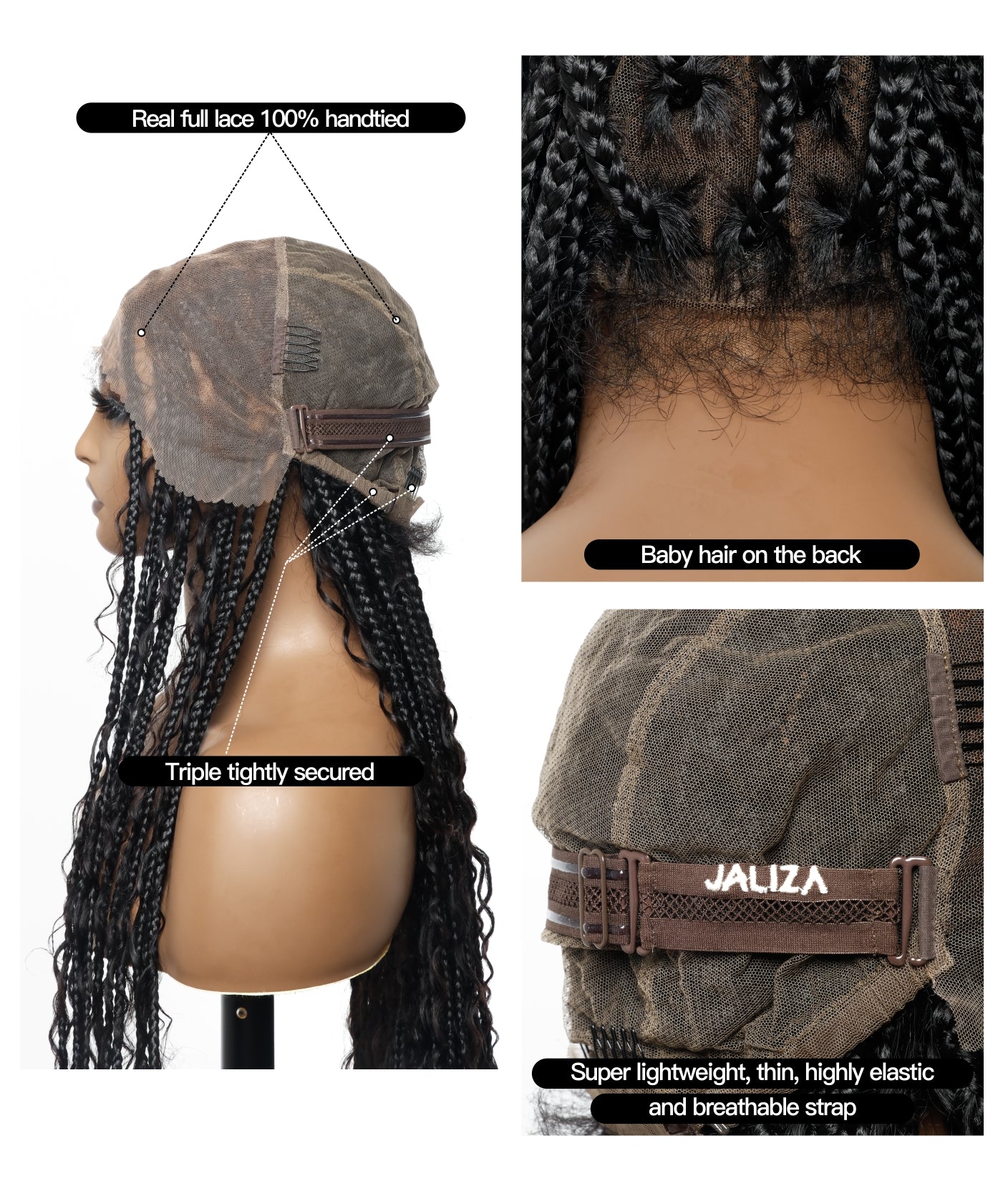 36" Pre Bleached Human Hair Boho Curls HD Full Lace Knotless Boho Box Braided Wig