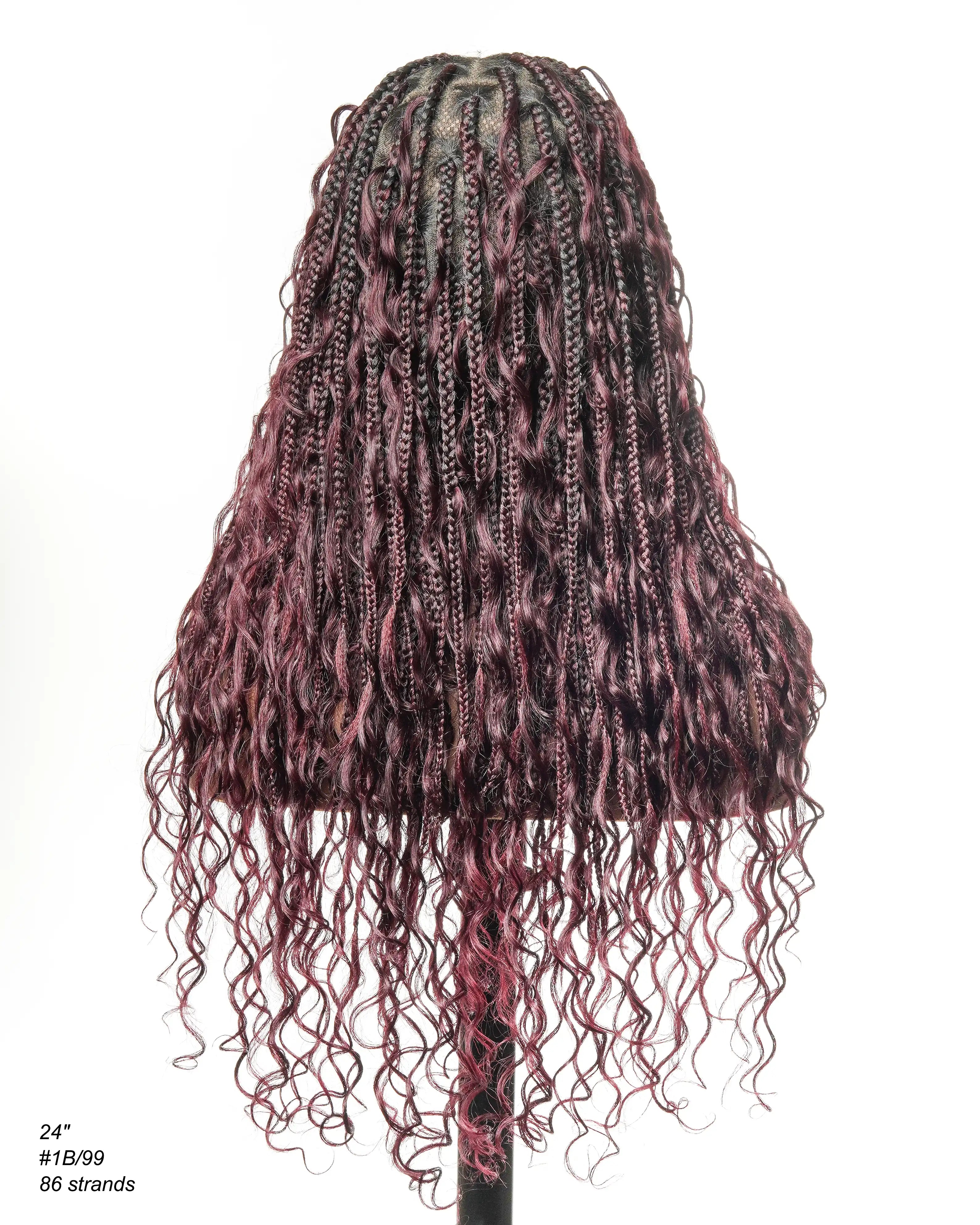 100% Hand-Tied Full Transparent Lace Human Hair Boho Curls Knotless Boho Box Braided Wig