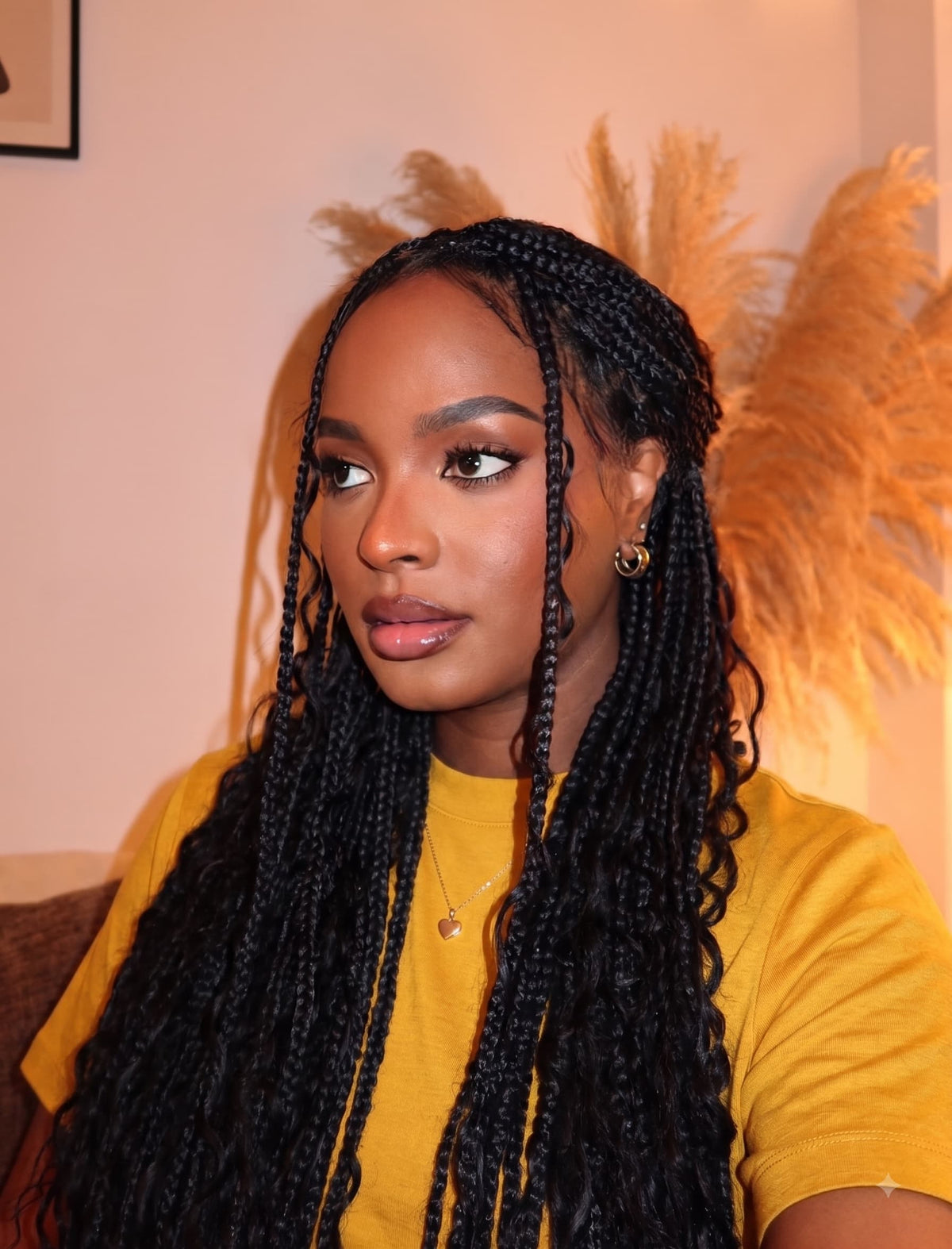 JALIZA 36 inch Natural Black Boho Curls Knotless Box Braids Swiss HD Lace Braided Wig (Model - Front View)