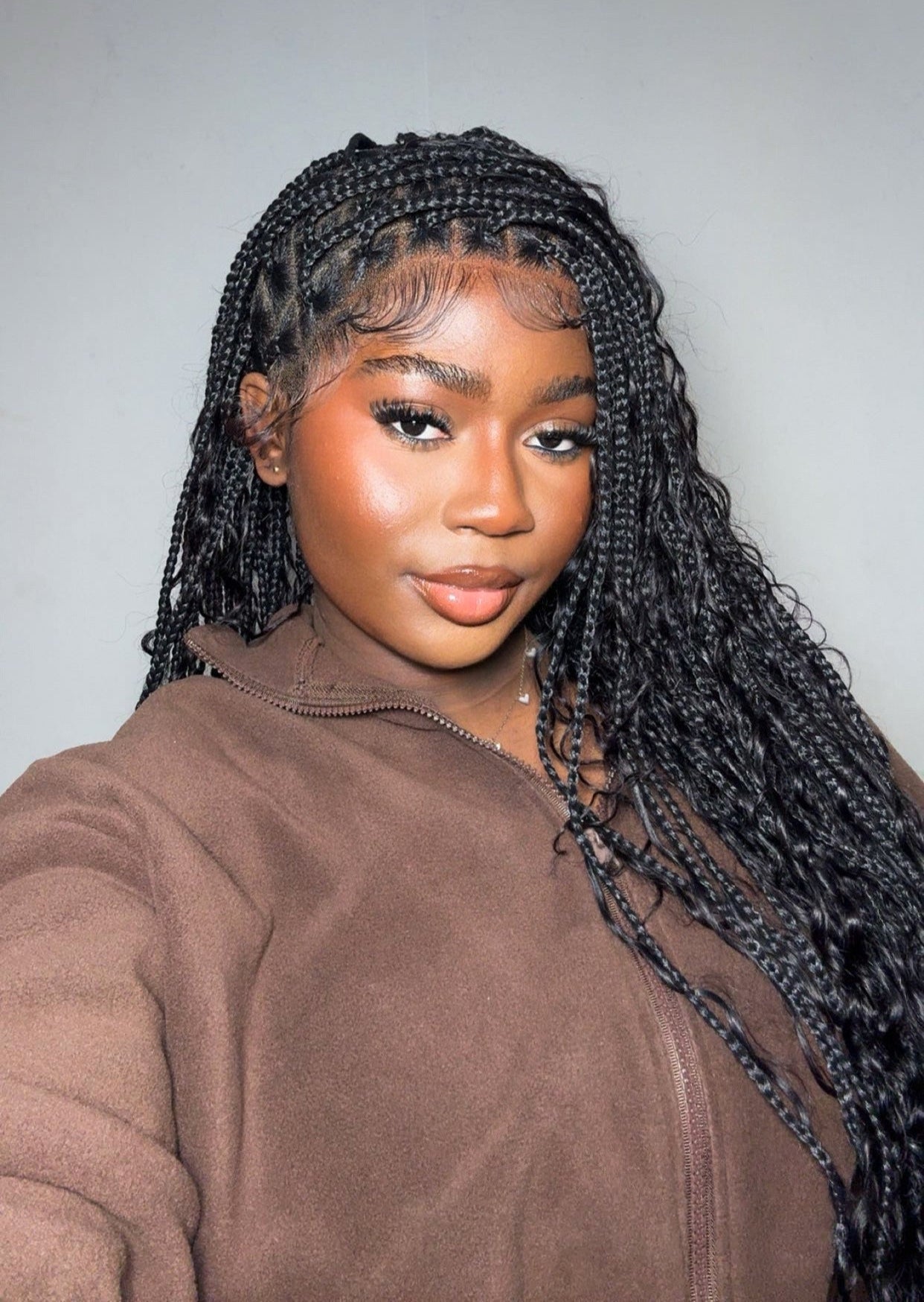 36" Human Hair Boho Curls Swiss HD Lace Knotless Box Braided Wig Full Hand-tied - Human Baby Hair