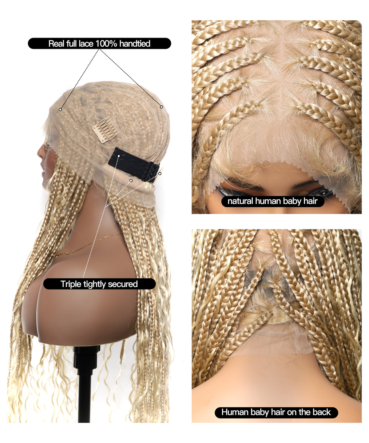 JALIZA 36 inch 27/613 Blond Boho Box Braids Full Lace Braided Wig (Mannequin - Side View)
