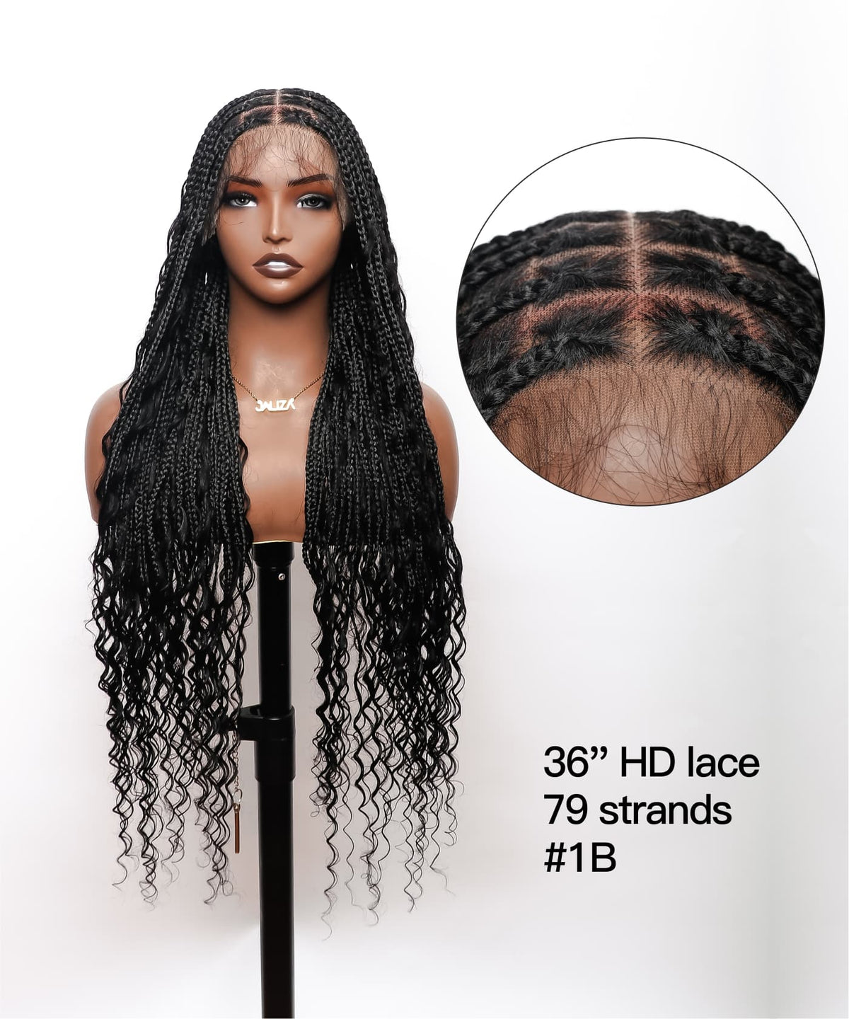 JALIZA 36 inch Natural black Boho Braids Pre Braided Full Lace HD Lace Braided Wig Middle Part (Mannequin - Front View)