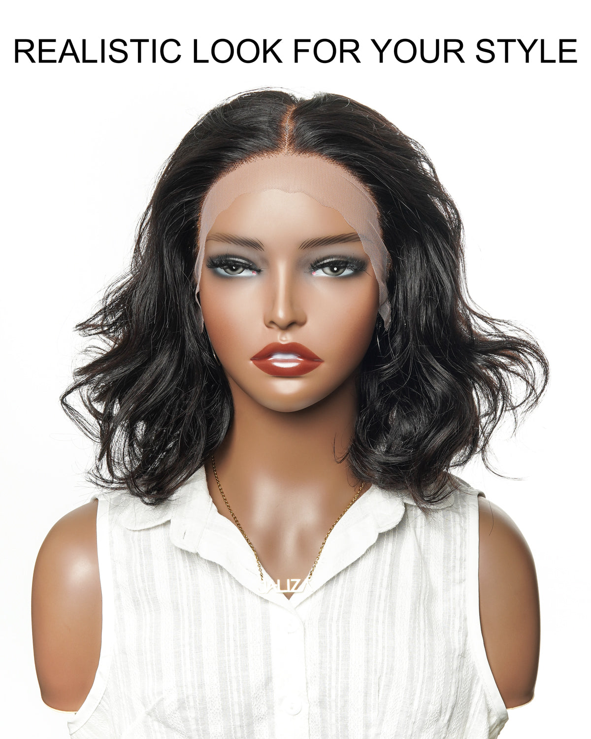 JALIZA 12 inch Natural Black Deep Wave HD Lace Frontal Human Hair Wig Middle Part (Mannequin - Front View)
