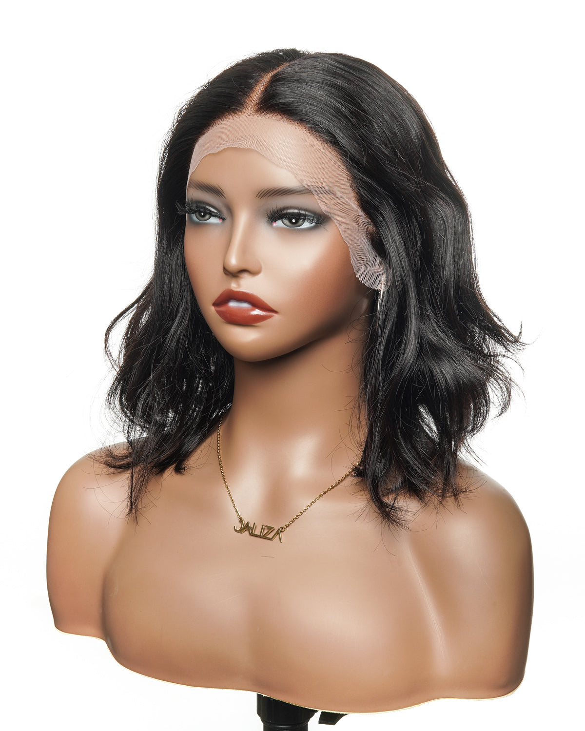JALIZA 12 inch Natural Black Deep Wave HD Lace Frontal Human Hair Wig Middle Part (Mannequin - Front View)