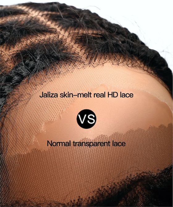 Close-up comparison of JALIZA skin-melt real HD lace versus normal transparent lace on a boho locs braided wig