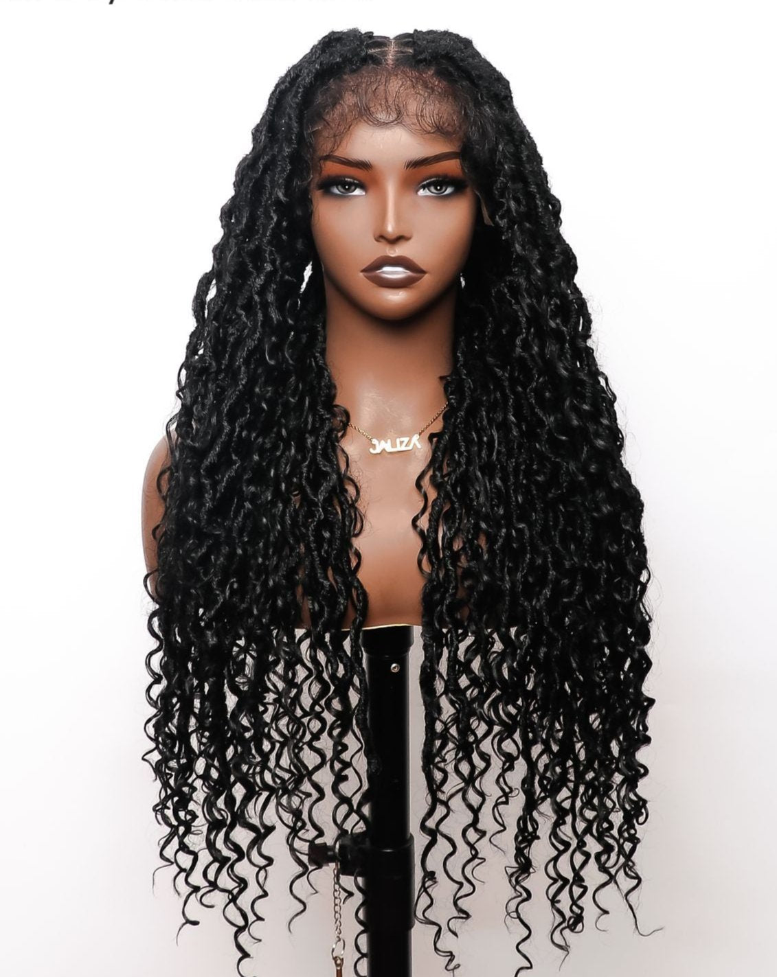 JALIZA 32 inch Black Boho Locs Full Hand-tied HD Lace Braided Wig Middle Part (Mannequin - Front View)