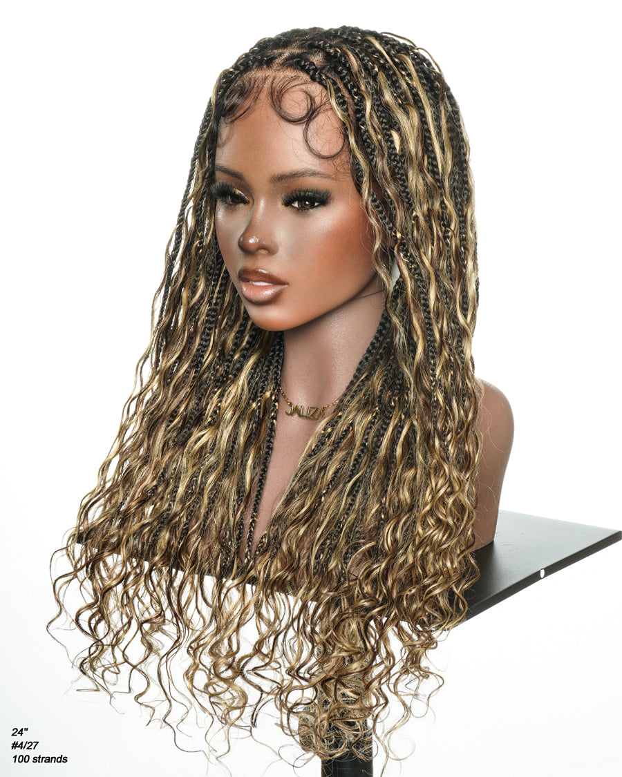 Kiki - 24" Pre Bleached Human Hair Lace Base Swiss HD Full Lace Human Hair Curls Boho Box Braided Wig