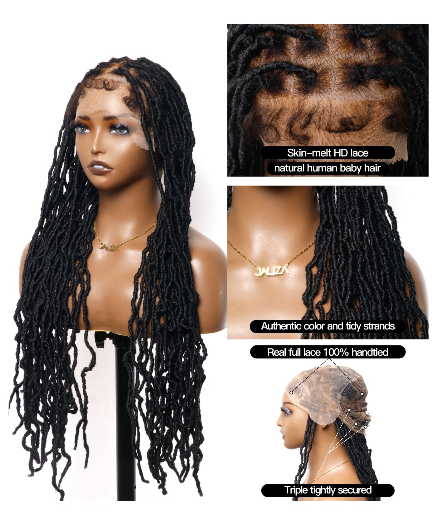 Pre Bleached Human Hair Lace Locs Braided Wig 30" 65 Strands - Human Baby Hair