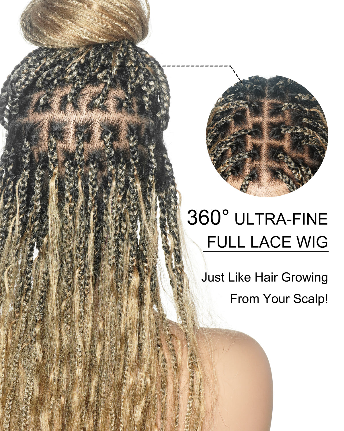 Balayage Mix Color 27/613 Human Hair Wet & Wavy Curls 36" Knotless Boho Box Pre Bleached HD Full Lace Braided Wig