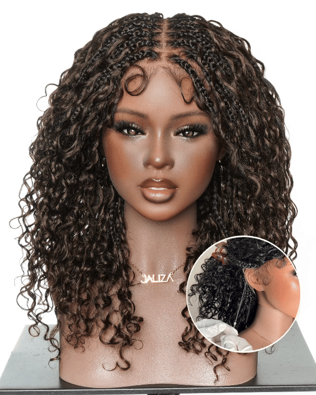 Nami Drawstring Cap Color #4 Water Wave Human Hair Curls Pre Bleached Swiss HD Full Lace Knotless Boho Box Braided Wig