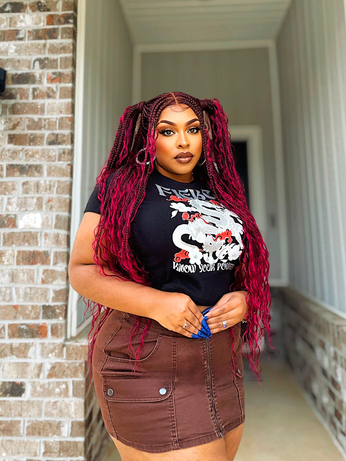 JALIZA 36 inch Burgundy Knotless Boho Box Braids Full Lace Braided Wig (Model - Front View)
