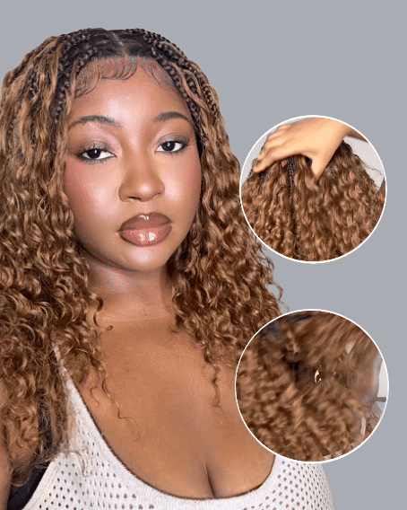 Kiki - Pre Bleached Human Hair Deep Wave Curls Pre Bleached Knotless Swiss HD Full Lace Boho Box Braided Wig