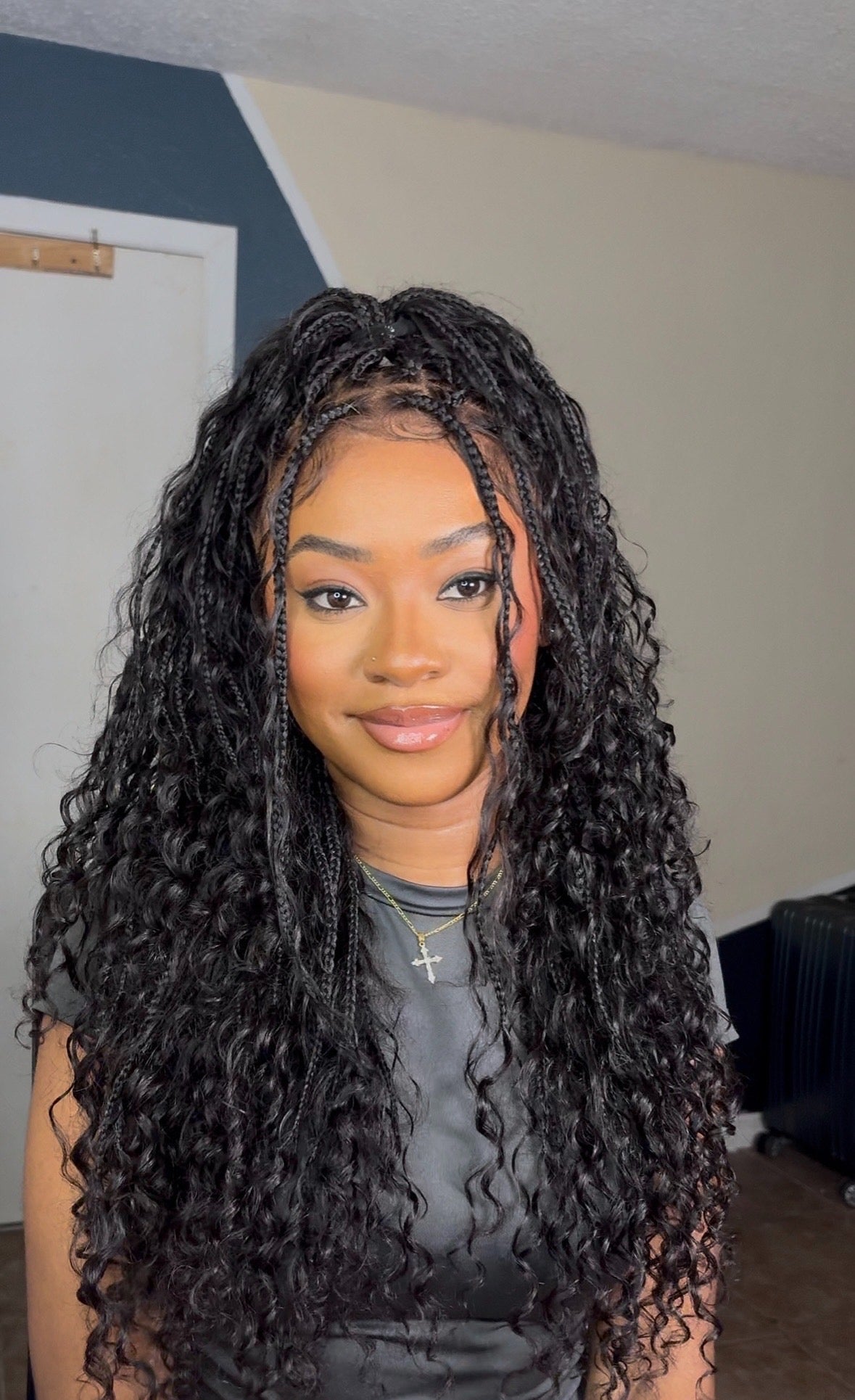 Essential Choice: 16-36" Human Hair Boho Curls Hand Tied Swiss HD Full Lace Knotless Braided Wig