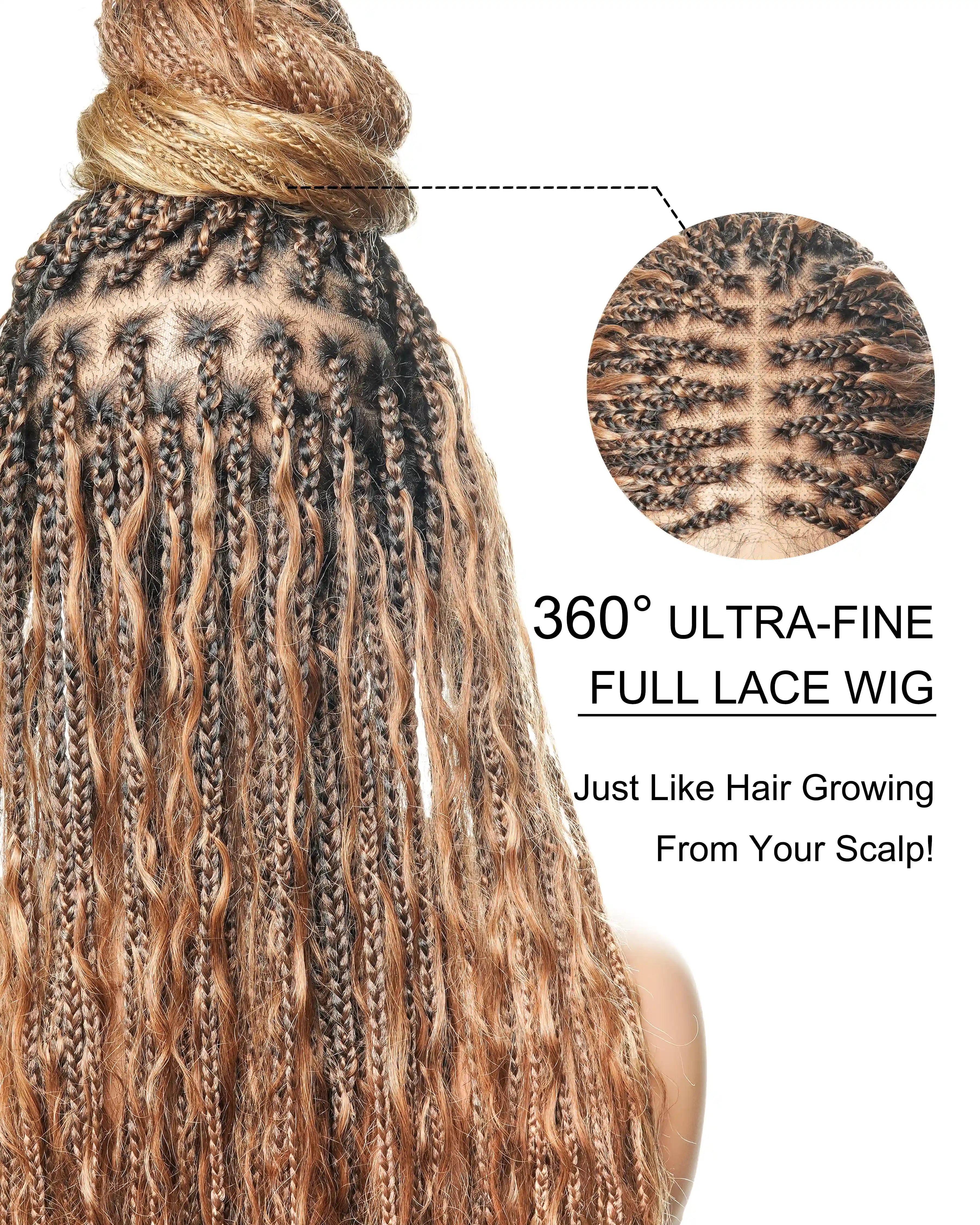 Super High Density 36" Blend Color #30/27 Pre Bleached HD Lace 121 Strands Knotless Boho Box Braided Wig