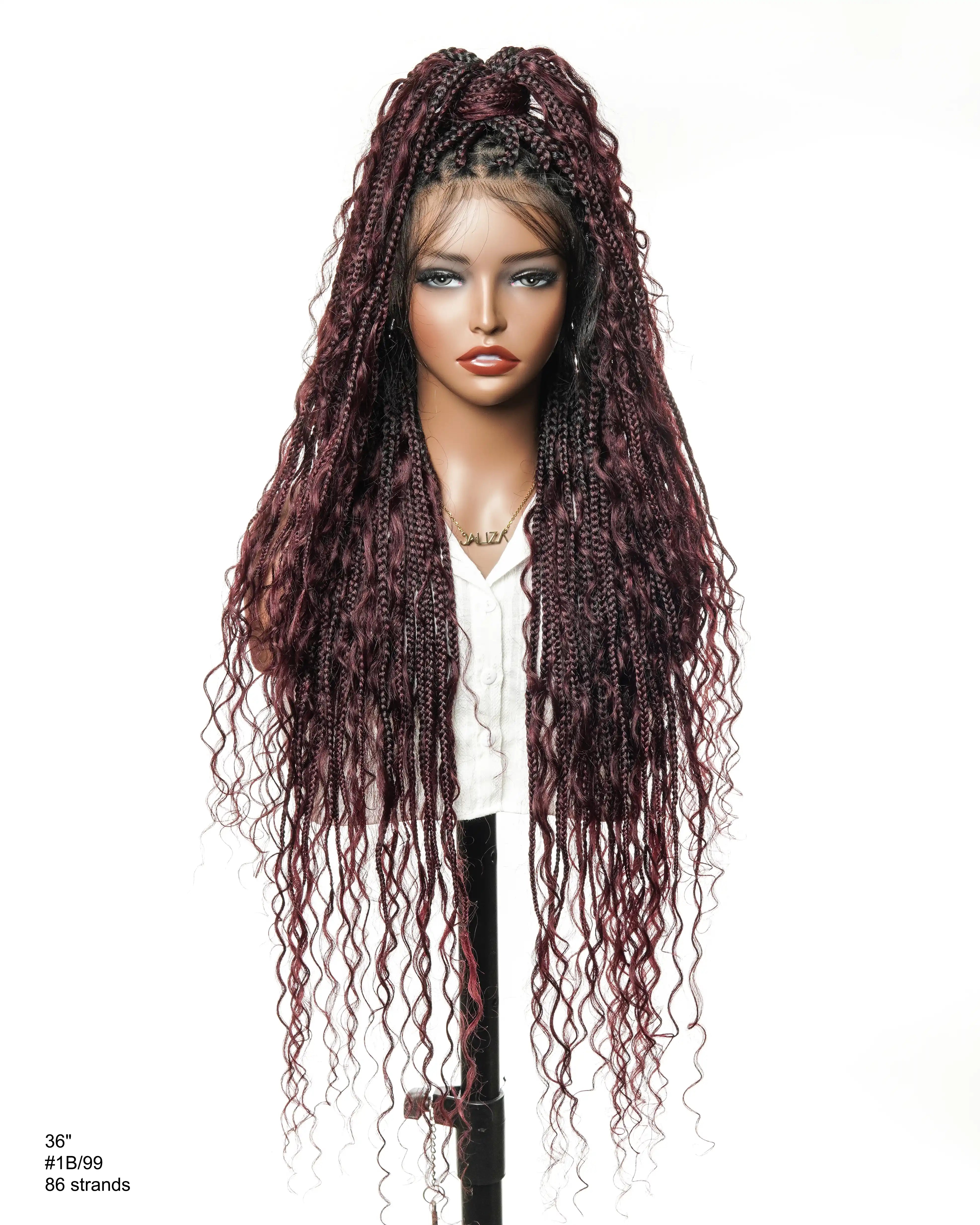 100% Hand-Tied Full Transparent Lace Human Hair Boho Curls Knotless Boho Box Braided Wig