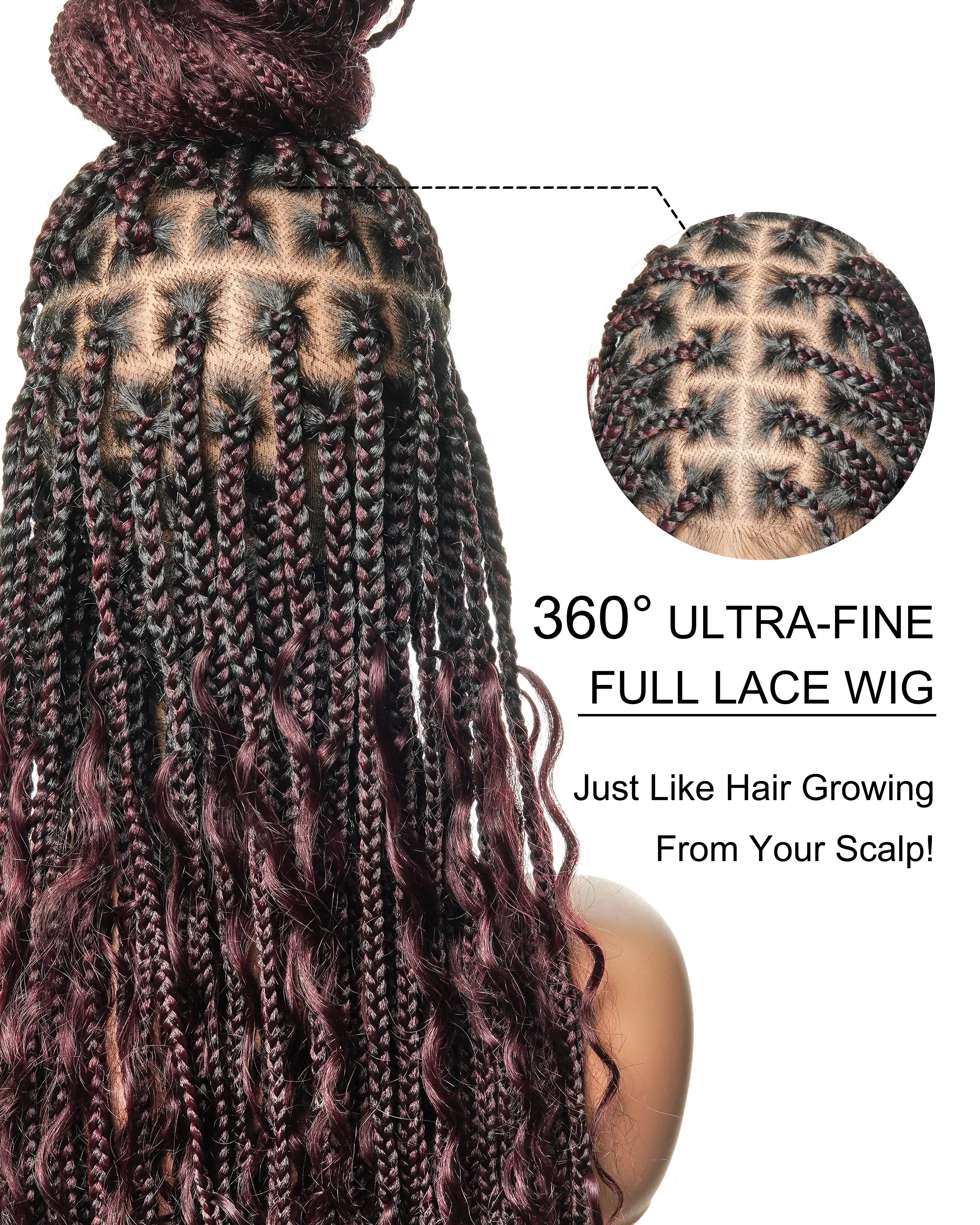 100% Hand-Tied Full Transparent Lace Human Hair Boho Curls Knotless Boho Box Braided Wig