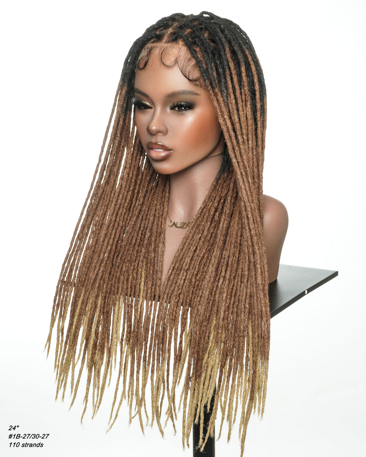 JALIZA 24-inch faux locs wig on a mannequin, ombre dark roots fading to golden brown, pre-bleached Swiss HD full lace cap with baby hair.