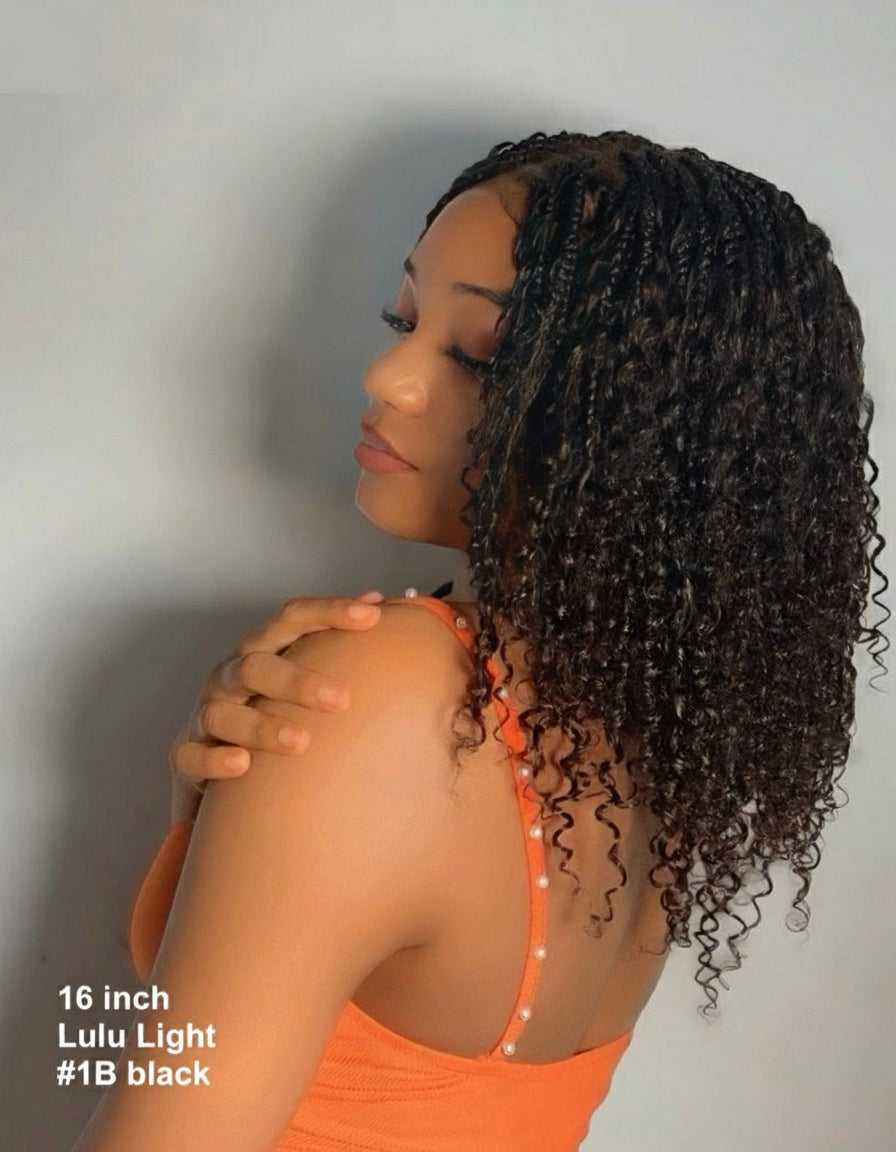 JALIZA 16 inch Natural Black #1B Curly Wave Boho Box Braids Pre Bleached Swiss HD Full Lace Braided Wig (Model - Side View)