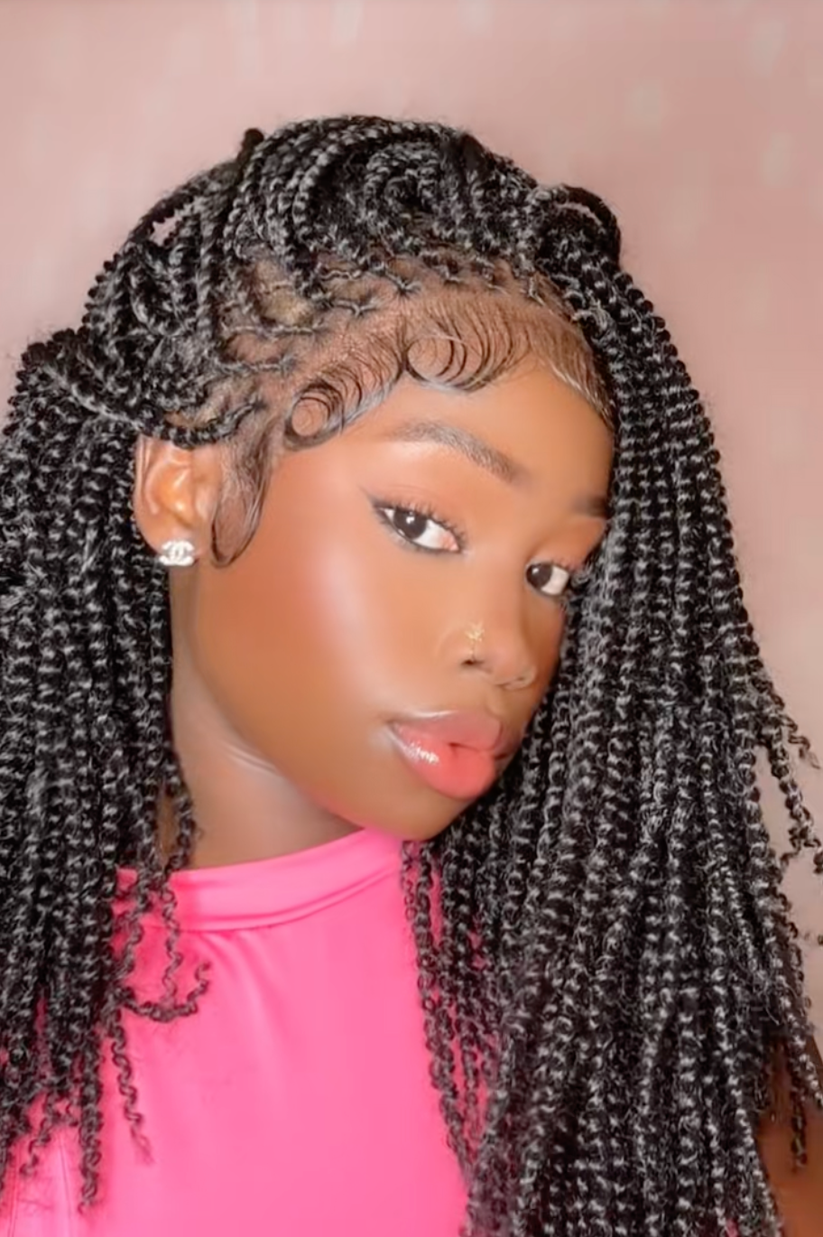 Tina - Senegalese Mini Twist Braided Wig 14" Full Hand-tied Swiss HD Lace With Curly Ends - Human Baby Hair