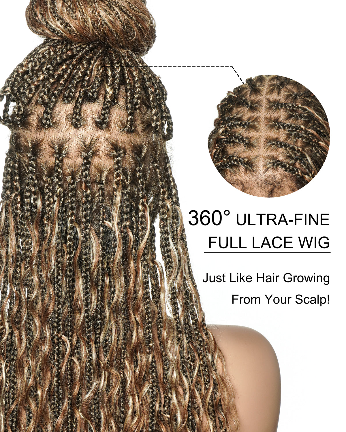 Blend Color #1B&30&27&613 HD Full Lace Knotless Human Hair Boho Curls Box Braided Wig