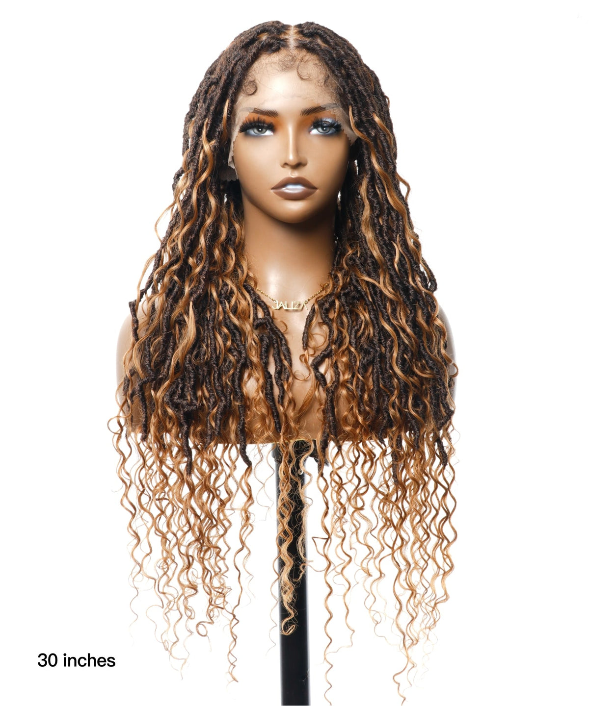 JALIZA Boho Style Locs braided wig in ombre brown with curly boho ends, displayed on a mannequin, 30 inches