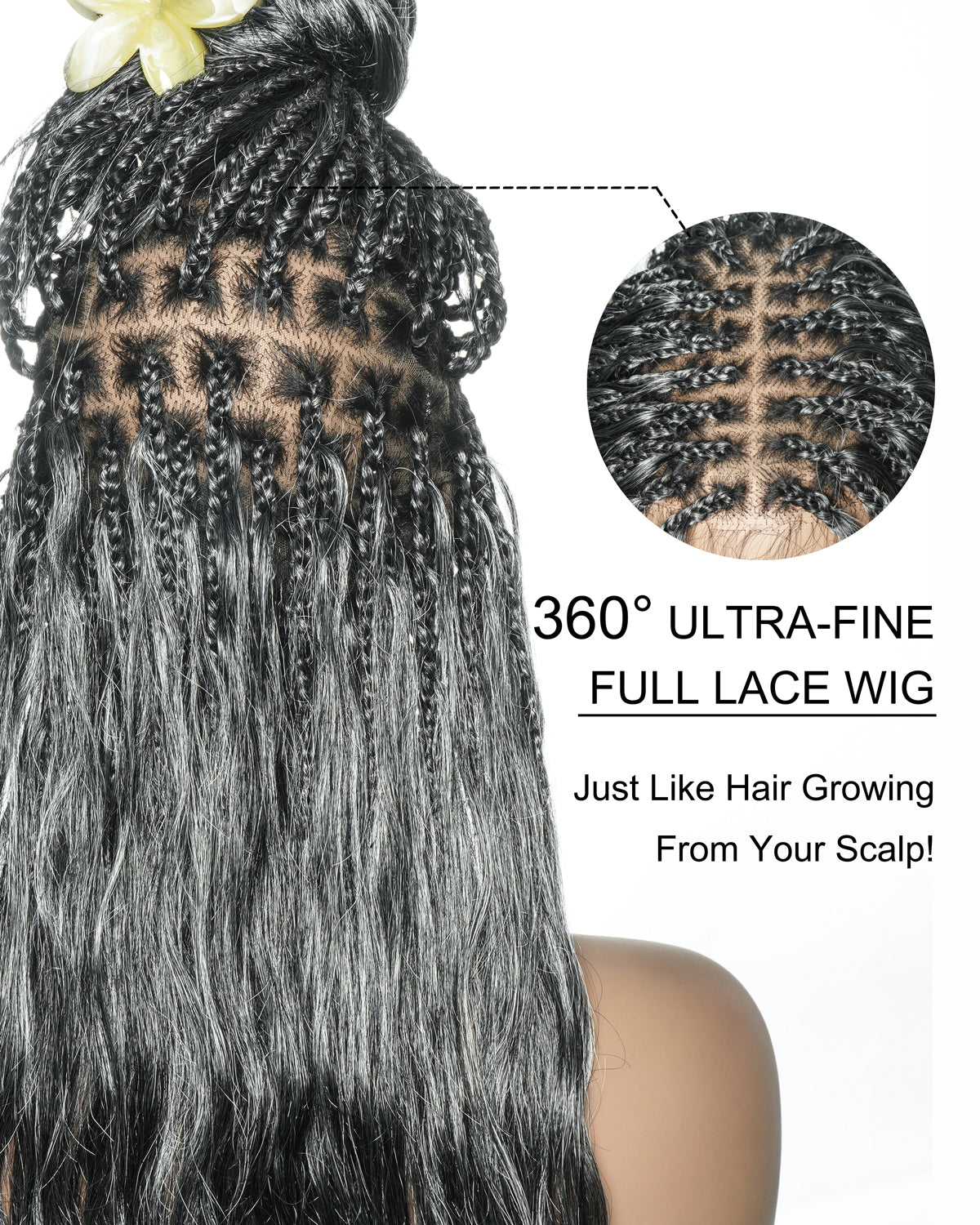 Michelle Salt & Pepper Glueless Swiss HD Full Lace Boho Braided Wig - Human Hair & Synthetic Blend Curls 1B Base