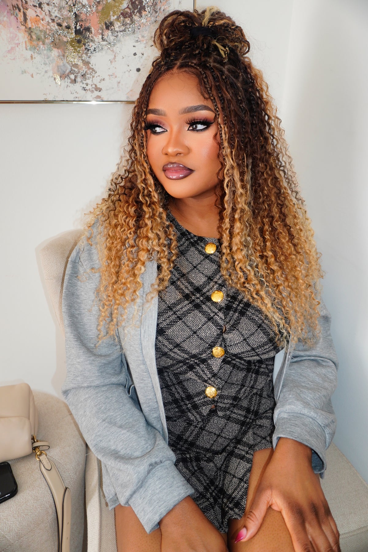 Solana - Human Hair Pre Bleached Lace Swiss HD Full Lace Blend Color 1B 4 30 27 613 Human Hair Boho Style Boho Box Braided Wig