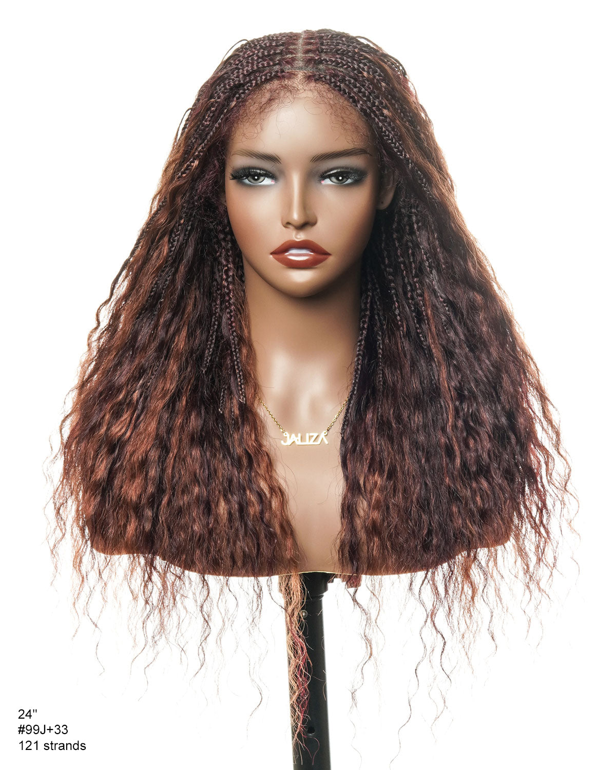 24" Mix Color Burgundy 99J & 33 Reddish Brown Super Style Human Hair Wet & Wavy Curls Swiss HD Full Lace Boho Box Braided Wig 121 Strands