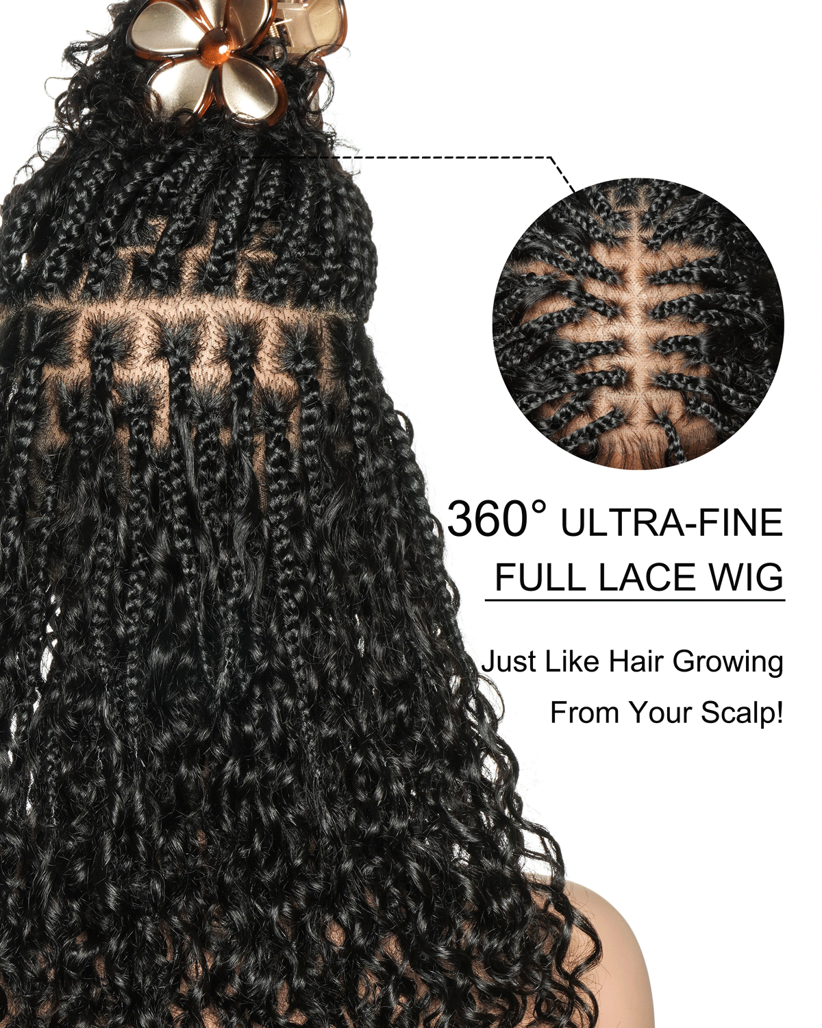 Nami - Drawstring Cap Glueless Water Wave Human Hair Curls Pre Bleached Swiss HD Full Lace Knotless Boho Box Braided Wig