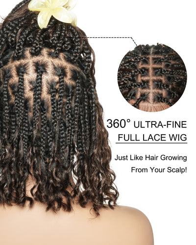 Kiki Bob - 12" Pre Bleached Swiss HD Full Lace Bob Boho Box Braided Wig With Human Hair Boho Curls