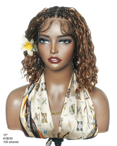 Kiki Bob - 12" Pre Bleached Swiss HD Full Lace Bob Boho Box Braided Wig With Human Hair Boho Curls