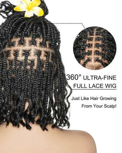 Kiki Bob - 12" Pre Bleached Swiss HD Full Lace Bob Boho Box Braided Wig With Human Hair Boho Curls