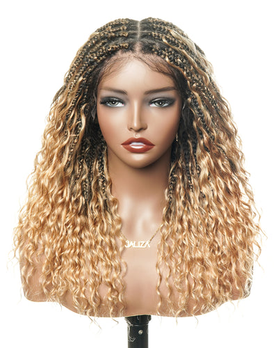 JALIZA 16 inch Honey Blond 1B/27 Boho Box Braids Full Lace Pre-bleached HD Lace Frontal Braided Wig Middle Part (Mannequin - Front View)