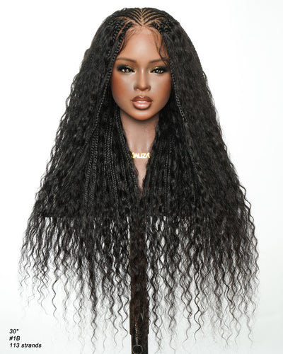 Avery - Fulani 2 Steps Pre Bleached Full lace Cornrow Human Hair Curls Boho Box Braided Wig