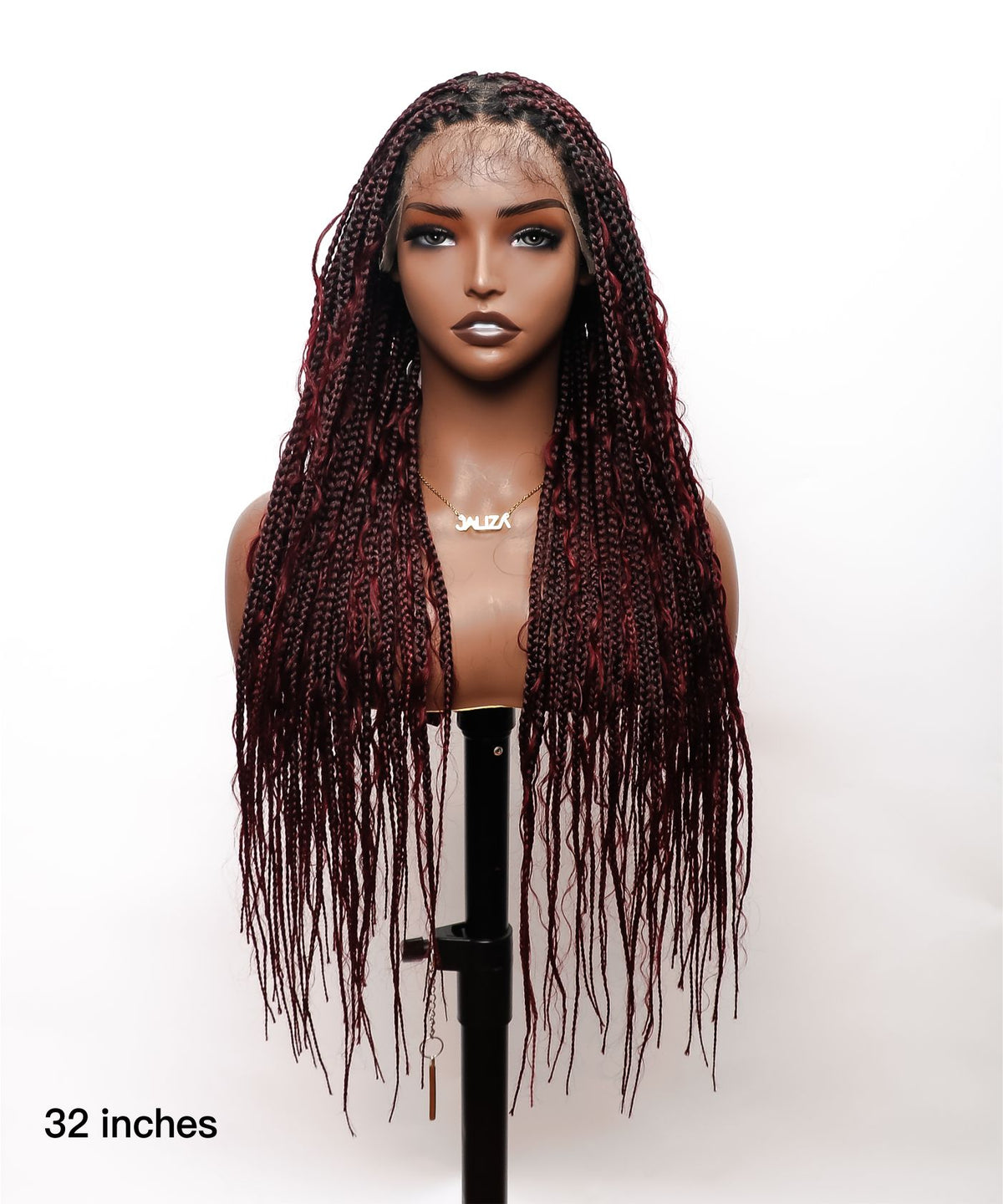 JALIZA 32 inch Burgundy Boho Curls Box Braids 13x1 HD Lace Braided Wig Middle Part (Mannequin - Front View)