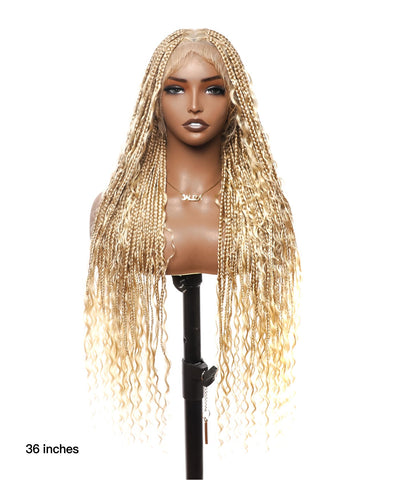 100% Hand-Tied Full Transparent Lace Human Hair Boho Curls Knotless Boho Box Braided Wig