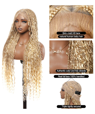100% Hand-Tied Full Transparent Lace Human Hair Boho Curls Knotless Boho Box Braided Wig
