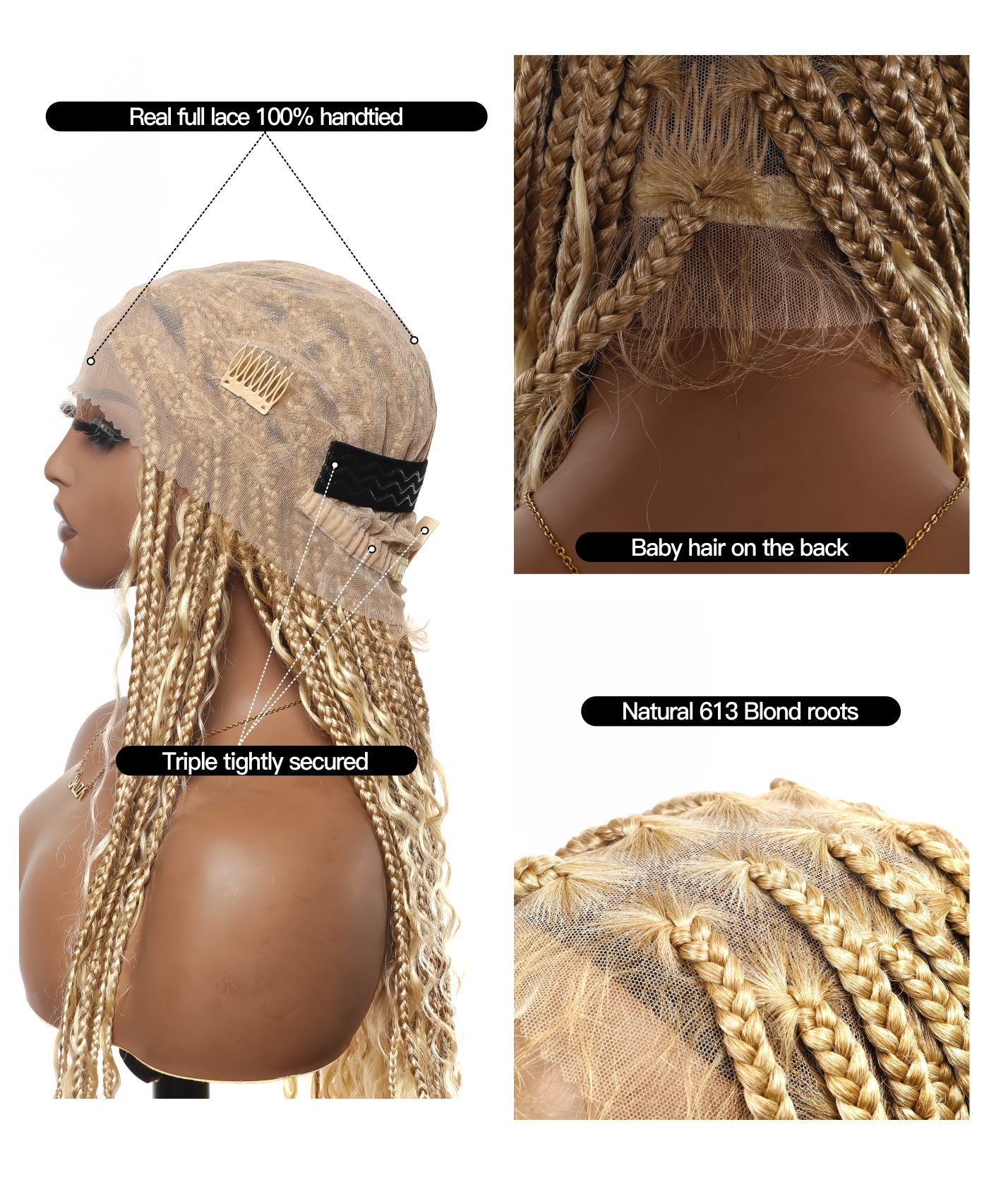 100% Hand-Tied Full Transparent Lace Human Hair Boho Curls Knotless Boho Box Braided Wig