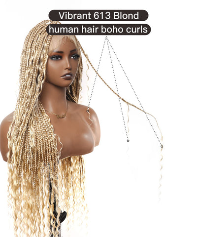 100% Hand-Tied Full Transparent Lace Human Hair Boho Curls Knotless Boho Box Braided Wig