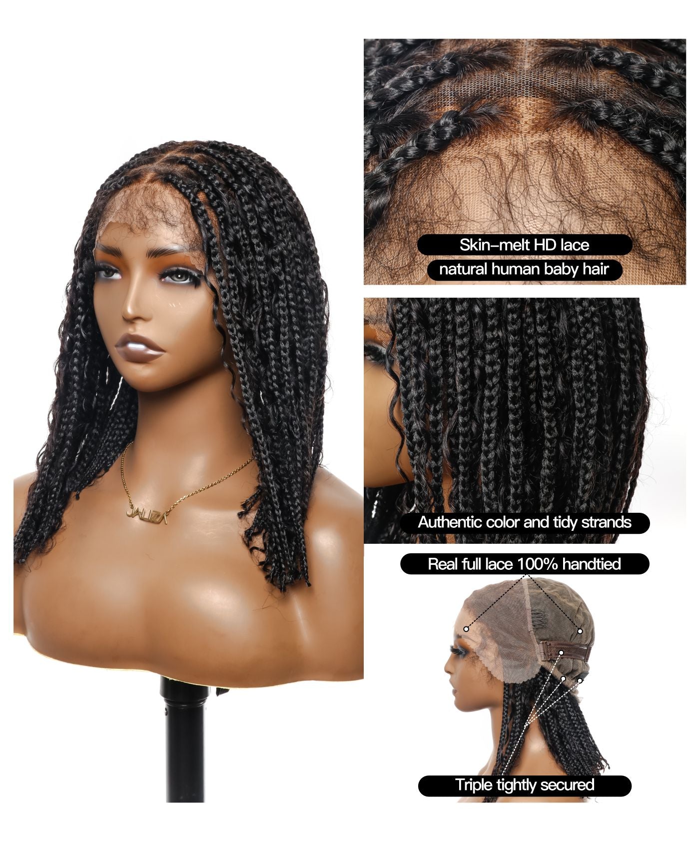 Small & Large Cap Only - 12" & 24" Pre Bleached HD Human Hair Lace Boho Box Braided Wig