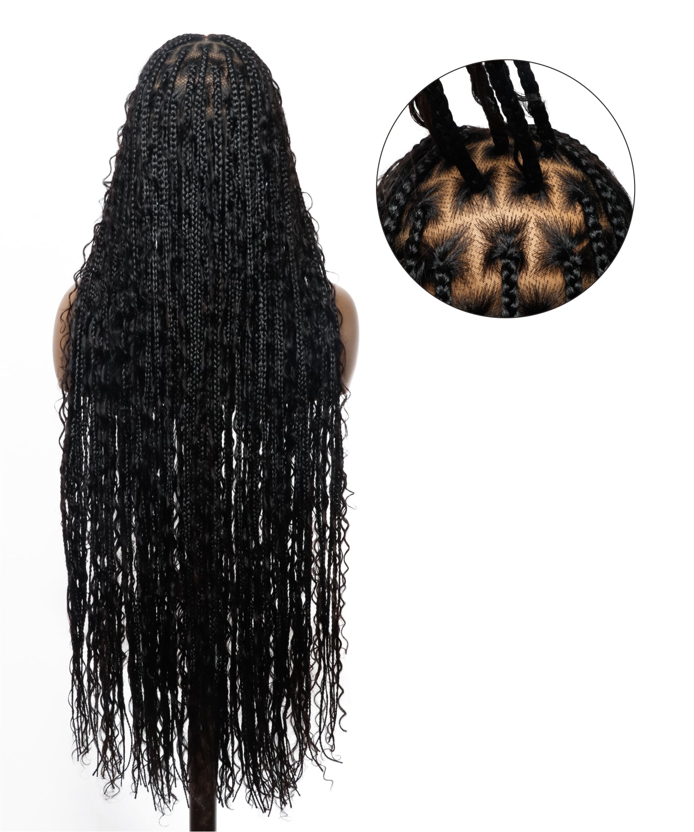 36" Pre Bleached Human Hair Boho Curls HD Full Lace Knotless Boho Box Braided Wig