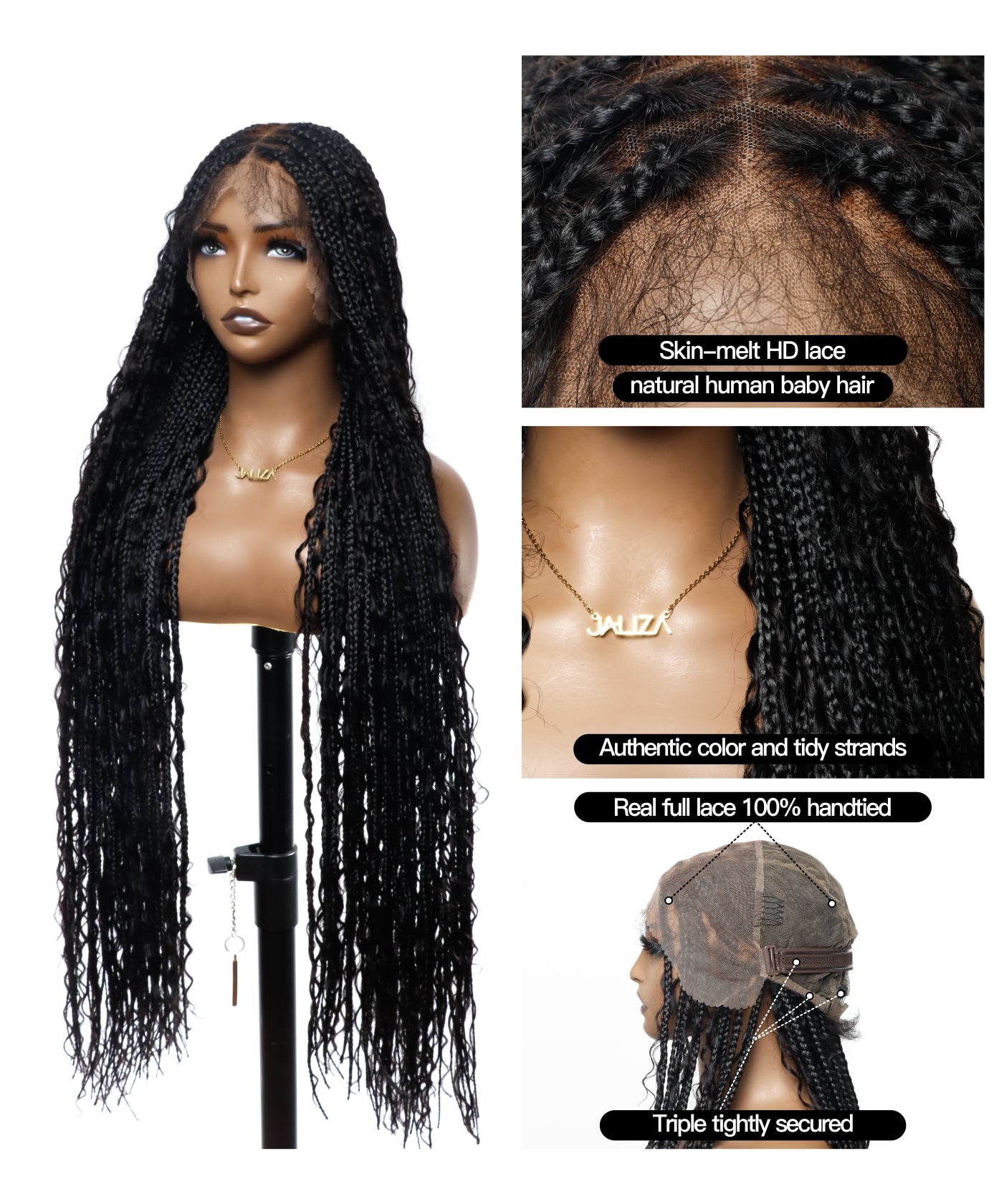 Pre Bleached Human Hair Lace Tangleless Swiss HD Lace Knotless Boho Box Braided Wig 88 Strands