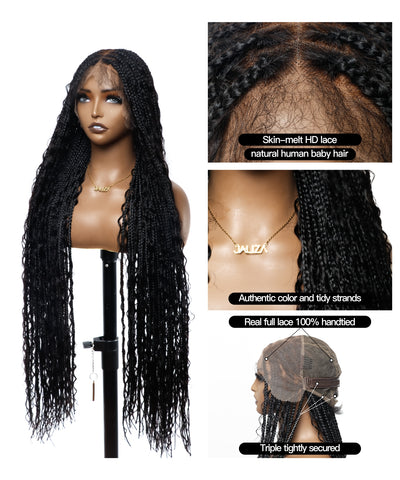36" Pre Bleached Human Hair Boho Curls HD Full Lace Knotless Boho Box Braided Wig