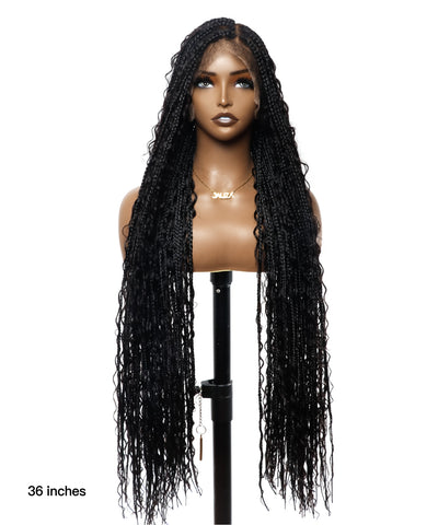 36" Pre Bleached Human Hair Boho Curls HD Full Lace Knotless Boho Box Braided Wig