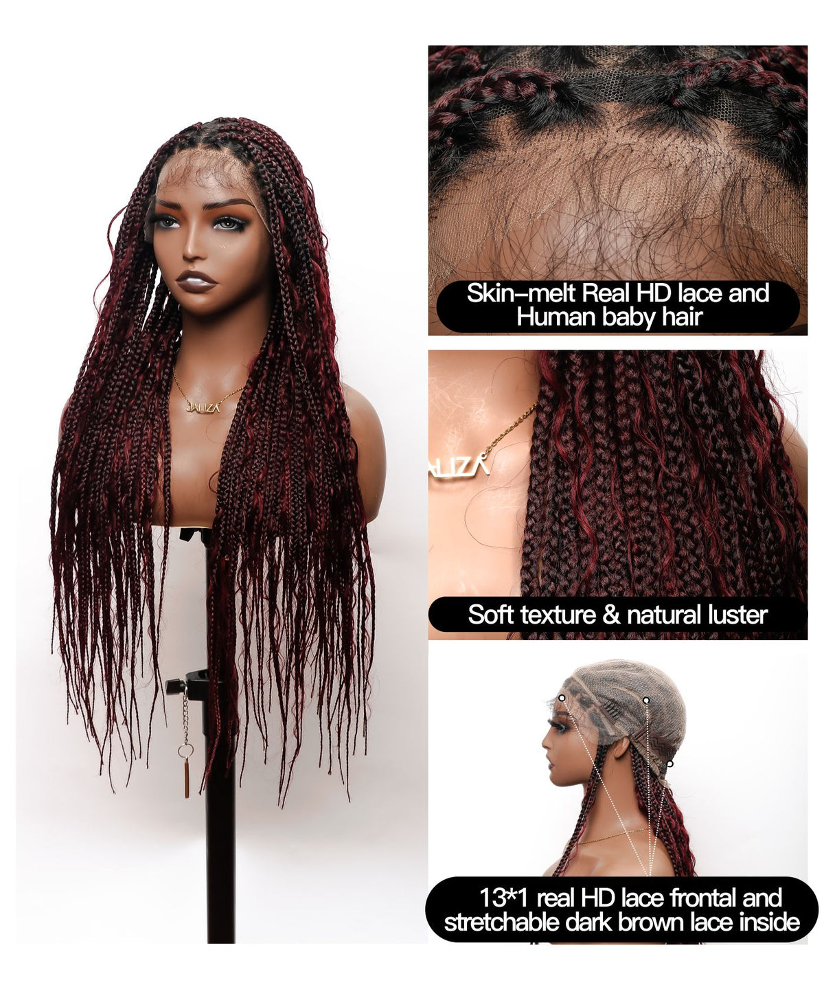 JALIZA 32 inch Burgundy Boho Curls Box Braids 13x1 HD Lace Braided Wig (Mannequin - Front View)