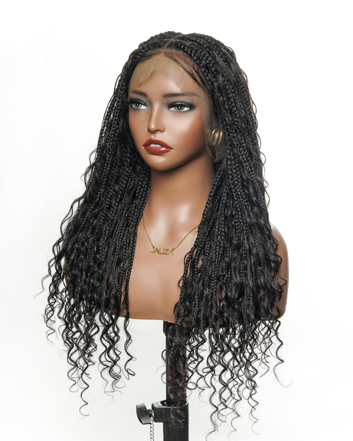 100% Hand-Tied Full Transparent Lace Human Hair Boho Curls Knotless Boho Box Braided Wig