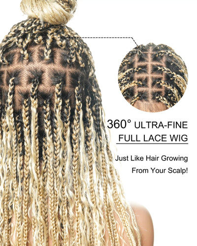 100% Hand-Tied Full Transparent Lace Human Hair Boho Curls Knotless Boho Box Braided Wig