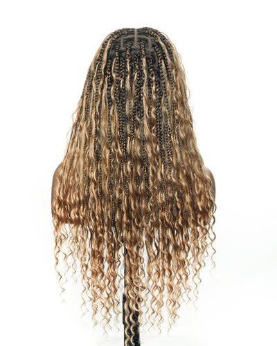 100% Hand-Tied Full Transparent Lace Human Hair Boho Curls Knotless Boho Box Braided Wig
