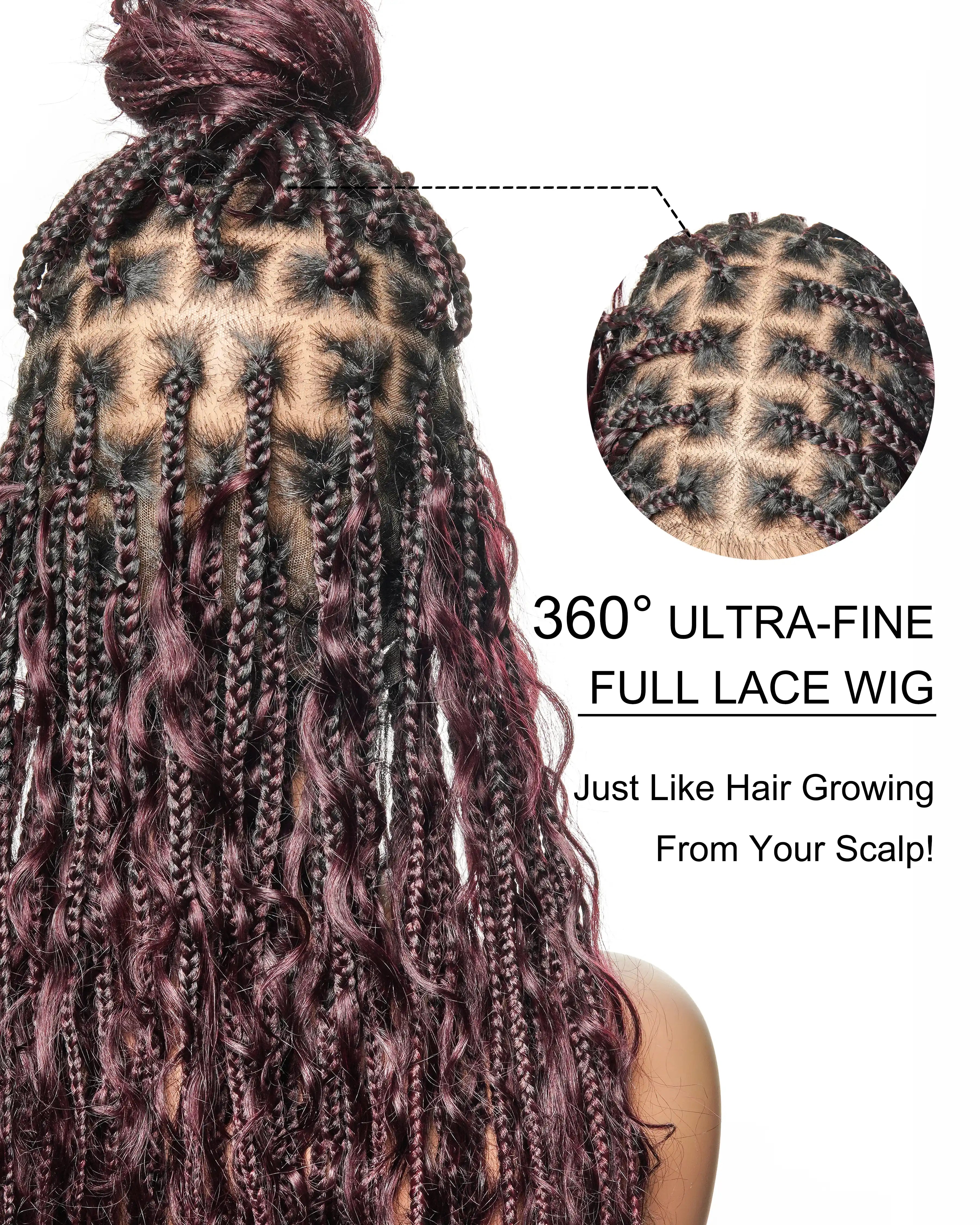 100% Hand-Tied Full Transparent Lace Human Hair Boho Curls Knotless Boho Box Braided Wig